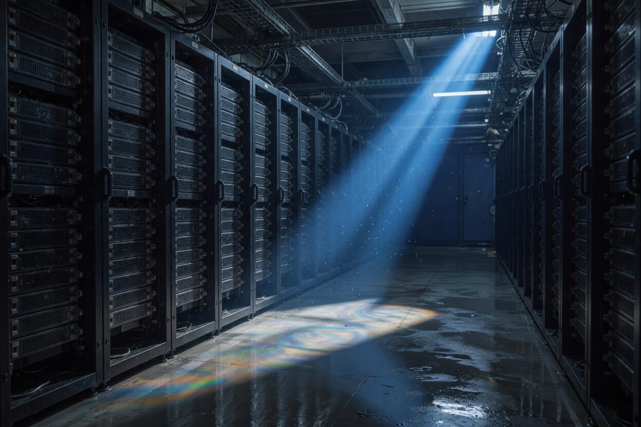Empty data-center aisle, black racks, a shaft of storm-blue light on a wet floor.