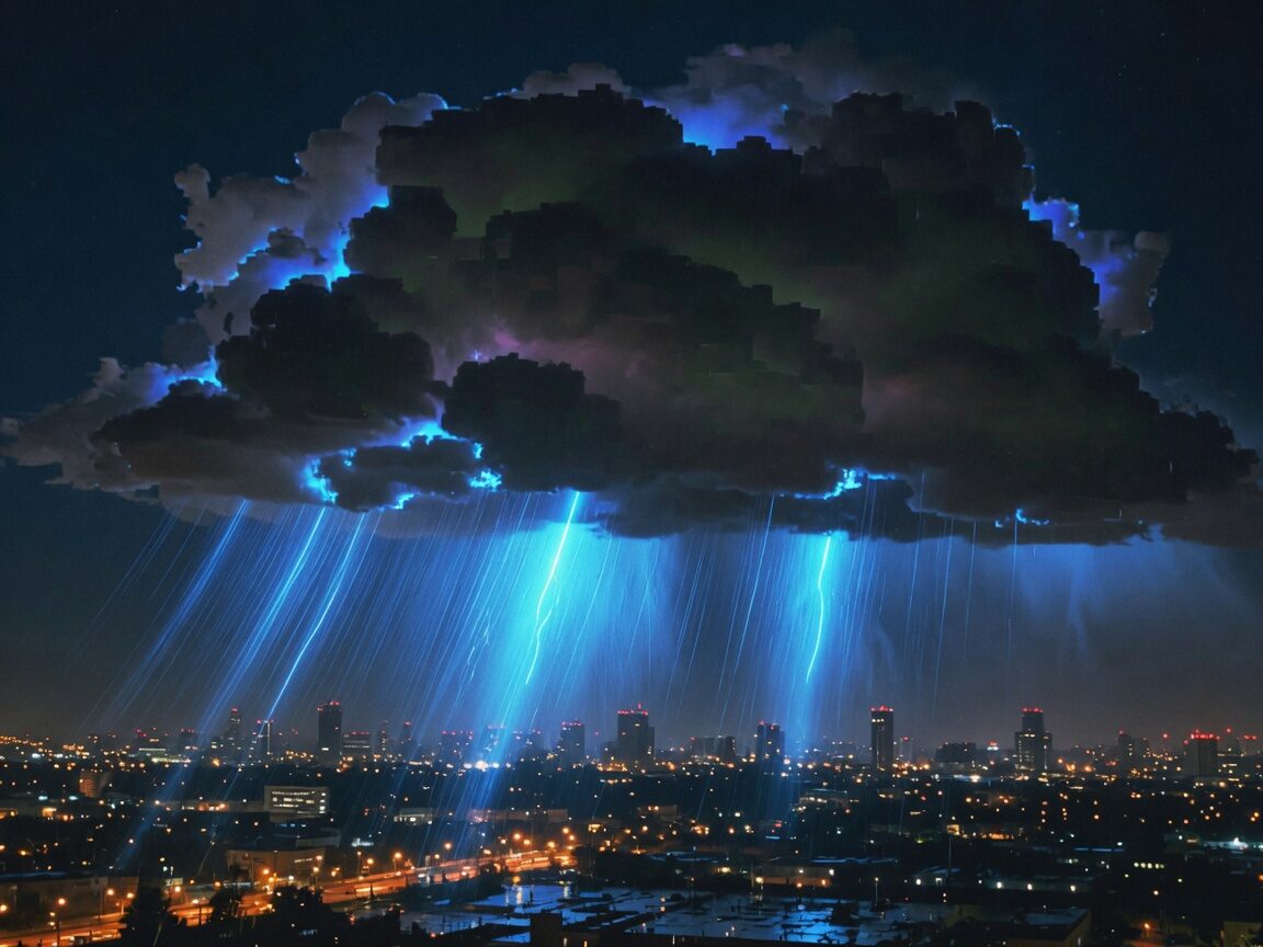Dark storm cells over a night city, electric-blue rain shafts, no overlays.