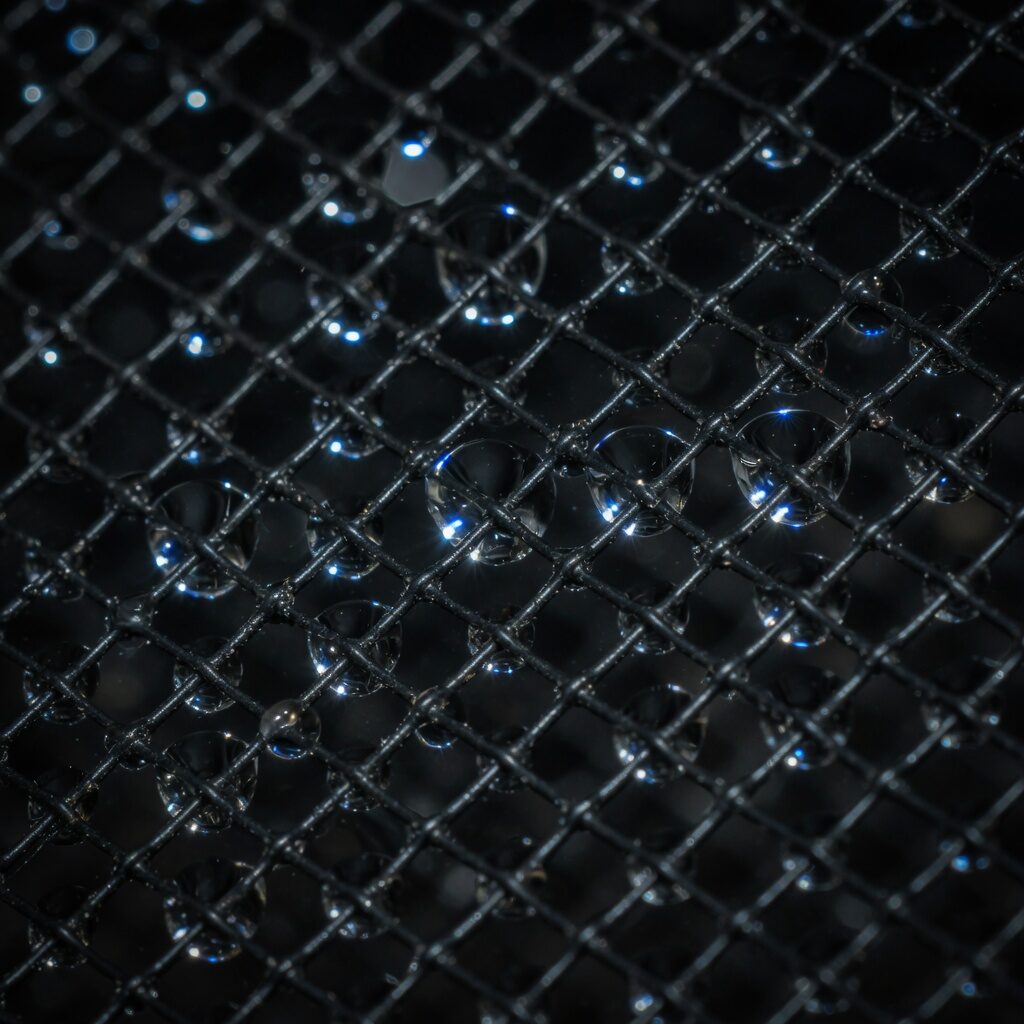Raindrops on black metal mesh, each drop catching a blue-white highlight.