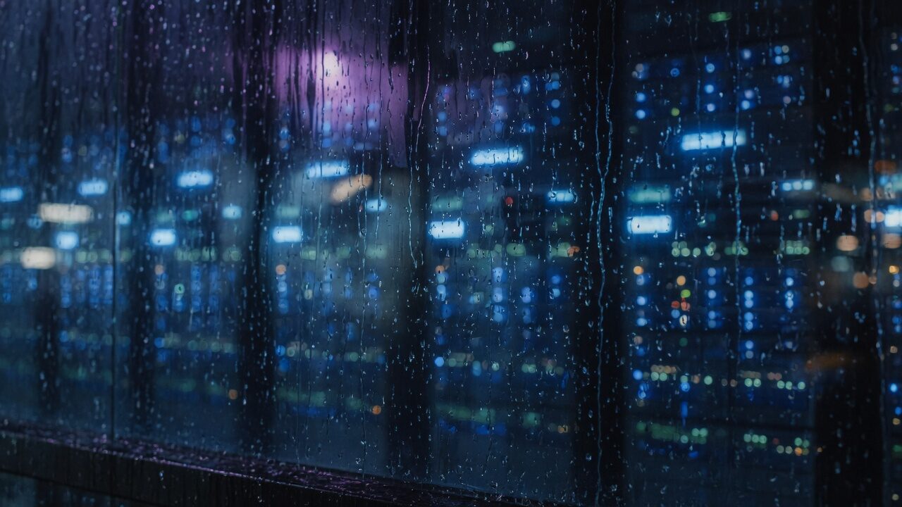 Rain on a dark glass wall at night, blue server lights blurred behind the streaks.