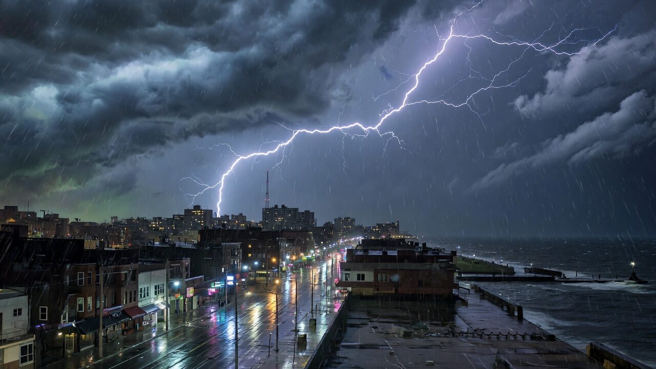 Lightning over a rain-soaked coastal city at night, wet streets and a dark sea under slate storm clouds.